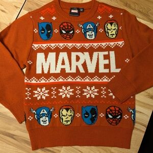 Youth Marvel Christmas Sweater with Hero Faces - Rust Colored